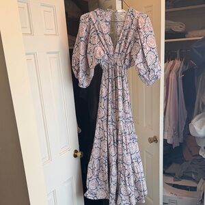 Mango Pink Paisley Tiered Maxi Dress with Navy Accents